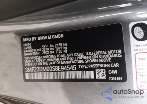 2025 BMW M2 z USA, uszkodzony, nr VIN 3MF23DM00S8E94545